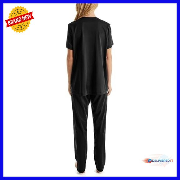 Soft Nylon Pajama Set with Floral Embroidery, Short Sleeve, Elastic Waist - Picture 3 of 6